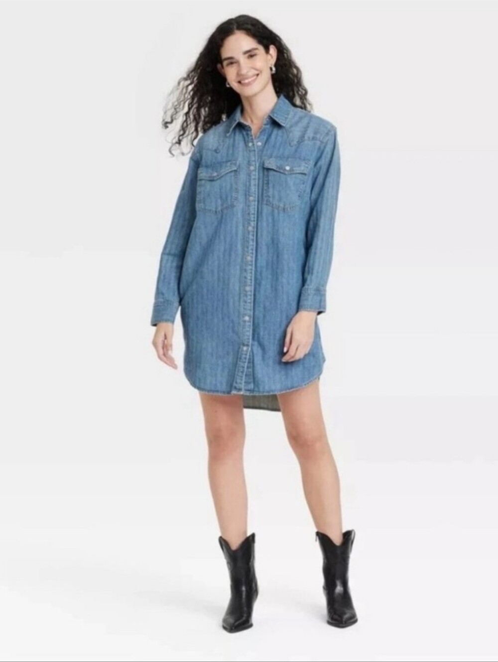 NWT Universal Thread Medium Denim Western Pearl Snap Shirt Dress